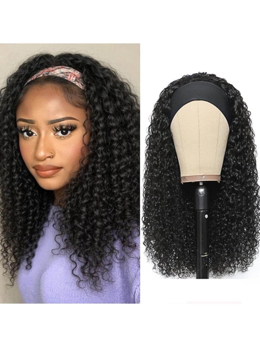 Headband Wig Human Hair 16 Inch Deep Wave Glueless Wig 1B# Natural Color